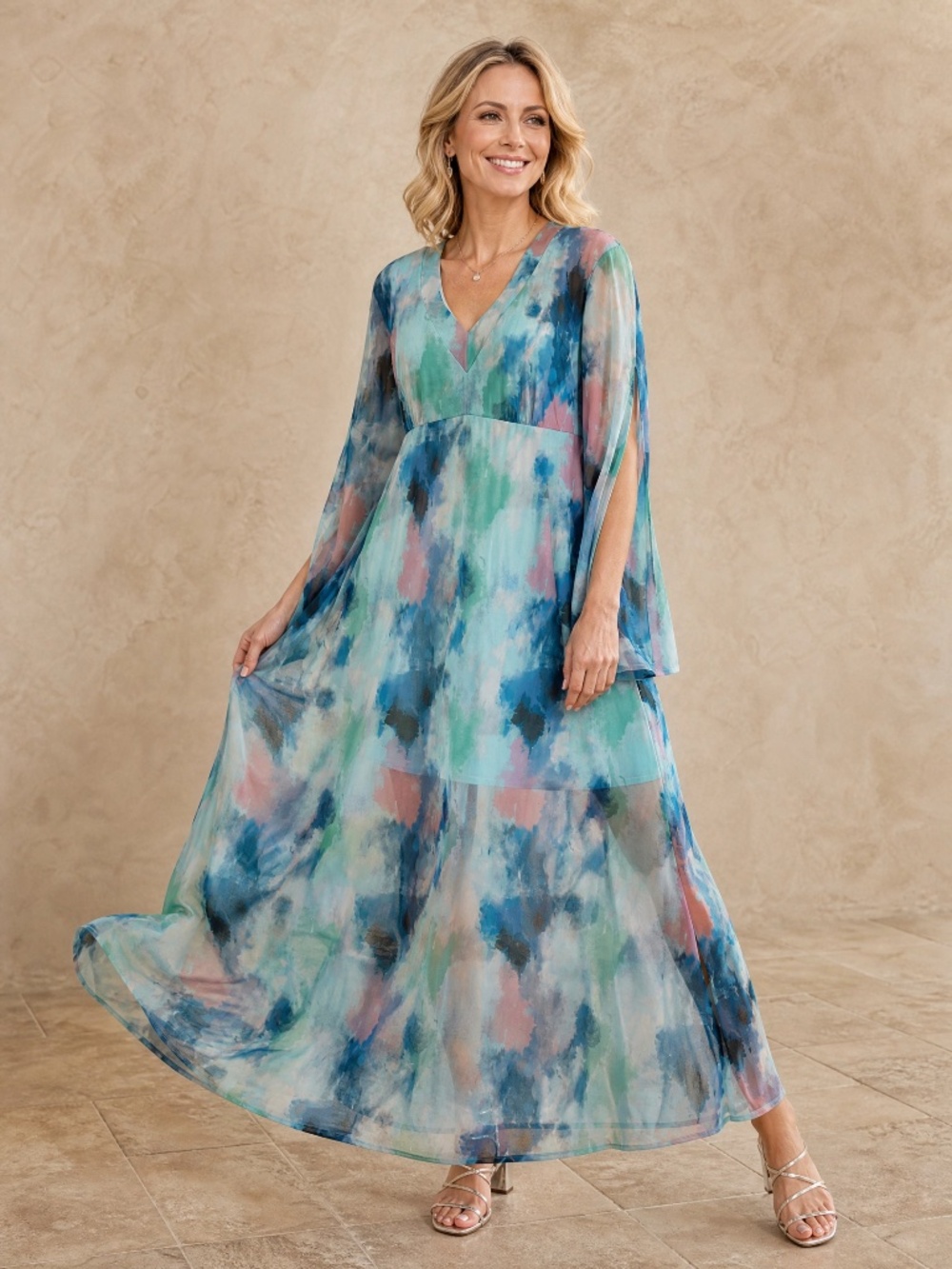 Curations x Nicole Hickl Watercolor Chiffon Maxi Dress NWT Medium Cape Sleeve
